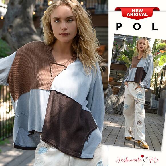 POL Color Block Contrast Notch Neck Long Sleeves Relaxed Fit Top | Light Blue - Picture 1 of 8